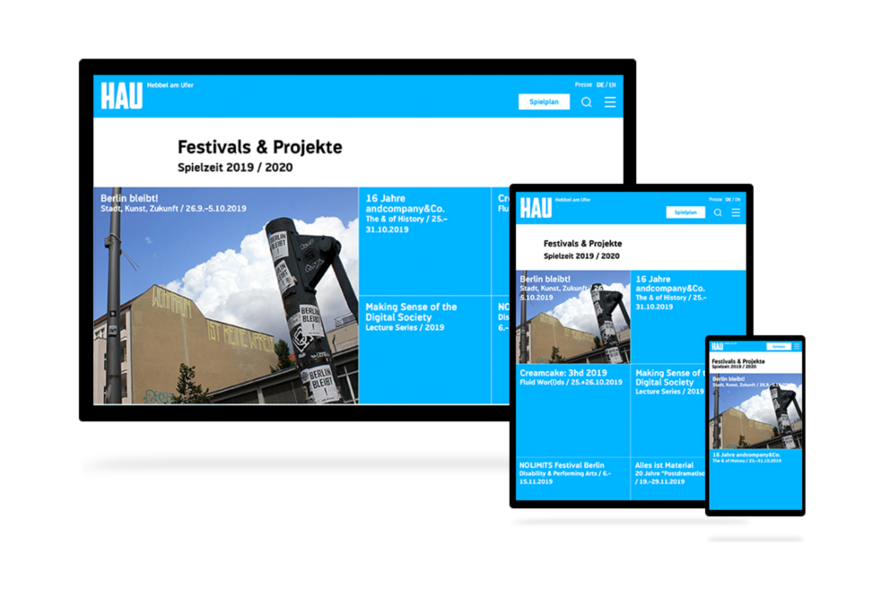 Abbildung verschiedener Seiten der TYPO3 Website des Hebbel am Ufer Theaters Berlin auf verschiedenen Endgeräten (Desktop, Tablet, Smartphone) für die Referenz HAU Hebbel am Ufer der Agentur THE BRETTINGHAMS.