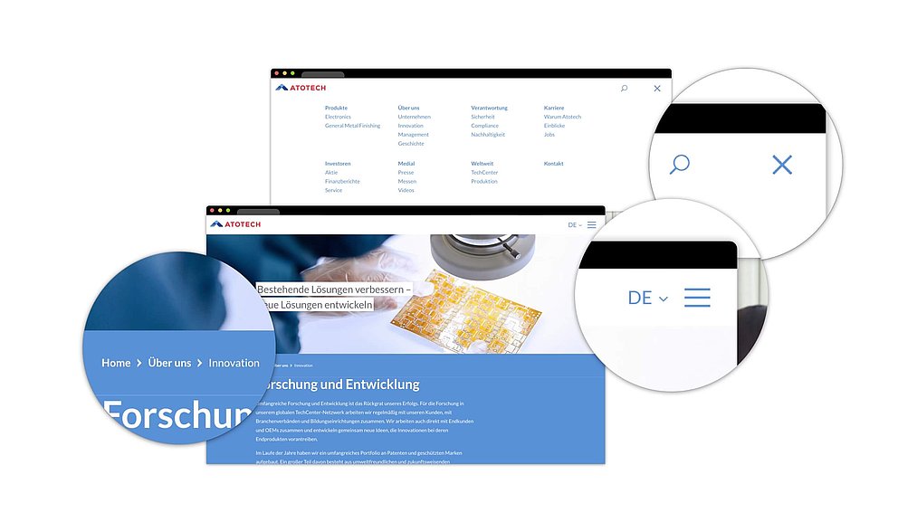 Screenshots der Website von Atotech mit visuellen Hervorhebungen zur Benutzerführung