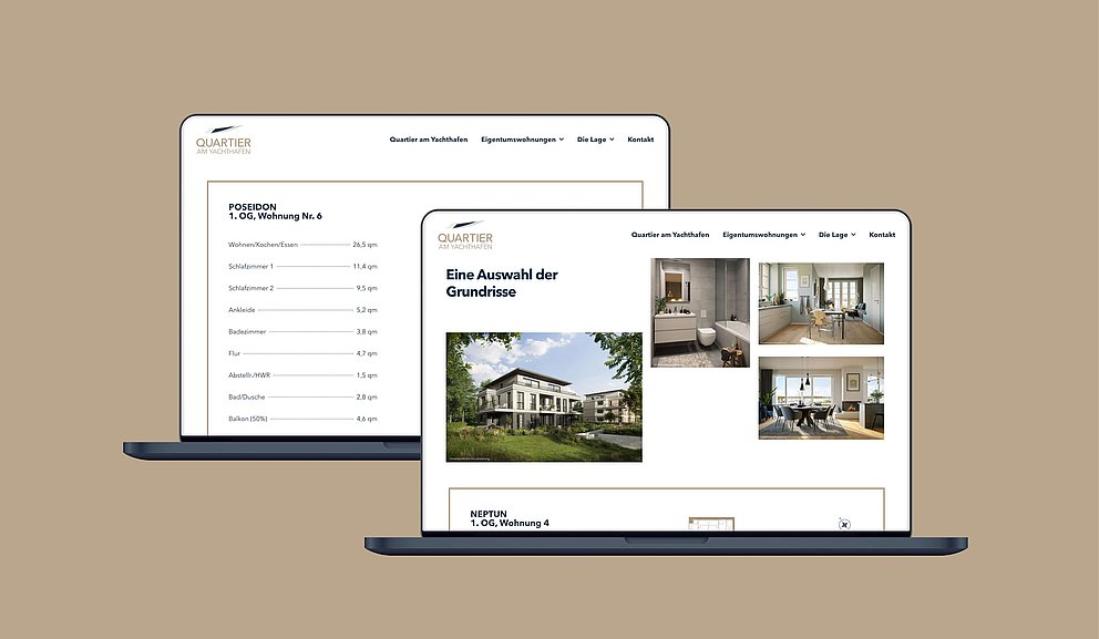 Screenshots der Website von Quartier am Yachthafen von Wohnungen und deren Grundrissen auf Laptops