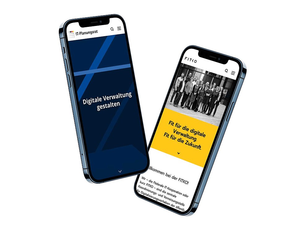 Herobild für die Referenz IT-Planungsrat der Agentur THE BRETTINGHAMS. Das Bild zeigt die Startseiten von it-planungsrat.de und fitko.de auf zwei Smartphones.