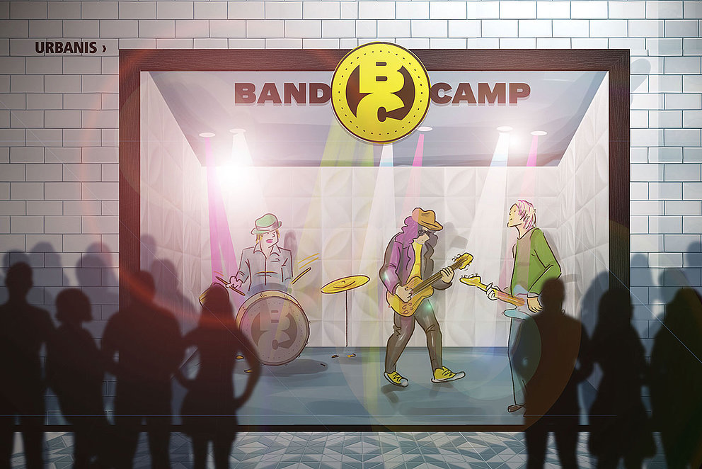Zeichnung eines beispielhaften Ladens ("Bandcamp") für das Konzept Banhof der Zukunft