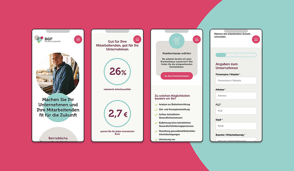Screens der mobilen Ansicht der Website von BGF-Koordinierungsstelle