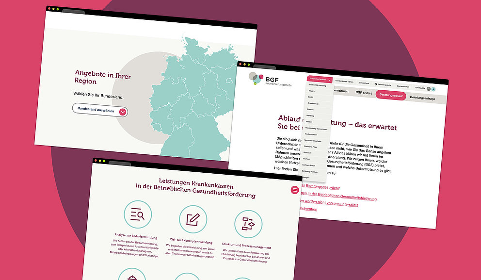 Screens der Website von BGF-Koordinierungsstelle mit Karte und Navigation