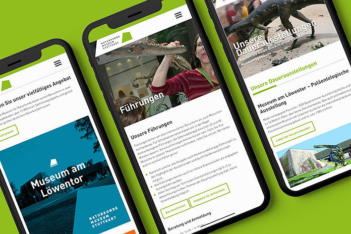 Abbildung von Smartphones, auf denen Unterseiten der TYPO3 Website des Naturkundemuseums Stuttgart abgebildet sind.