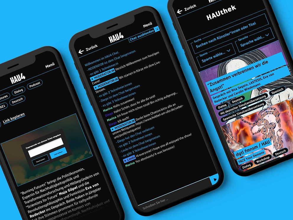 Beispielhafte Darstellung der Paywall, des Chats und der HAUthek von HAU4 in drei Smartphones für die Referenz HAU4 der Agentur THE BRETTINGHAMS.