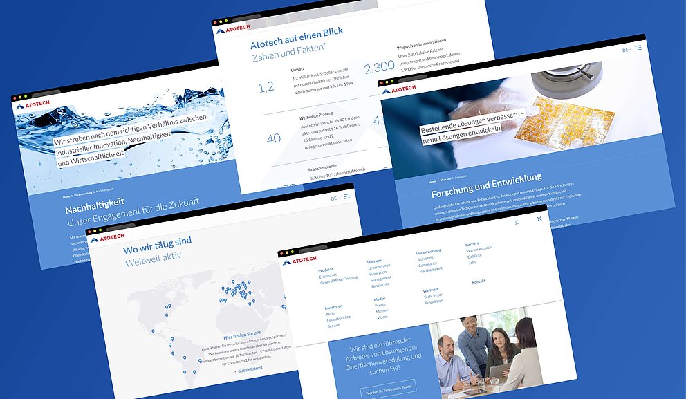 Screenshots der Website zu Produkten, Lokalisierung und Werten von Atotech