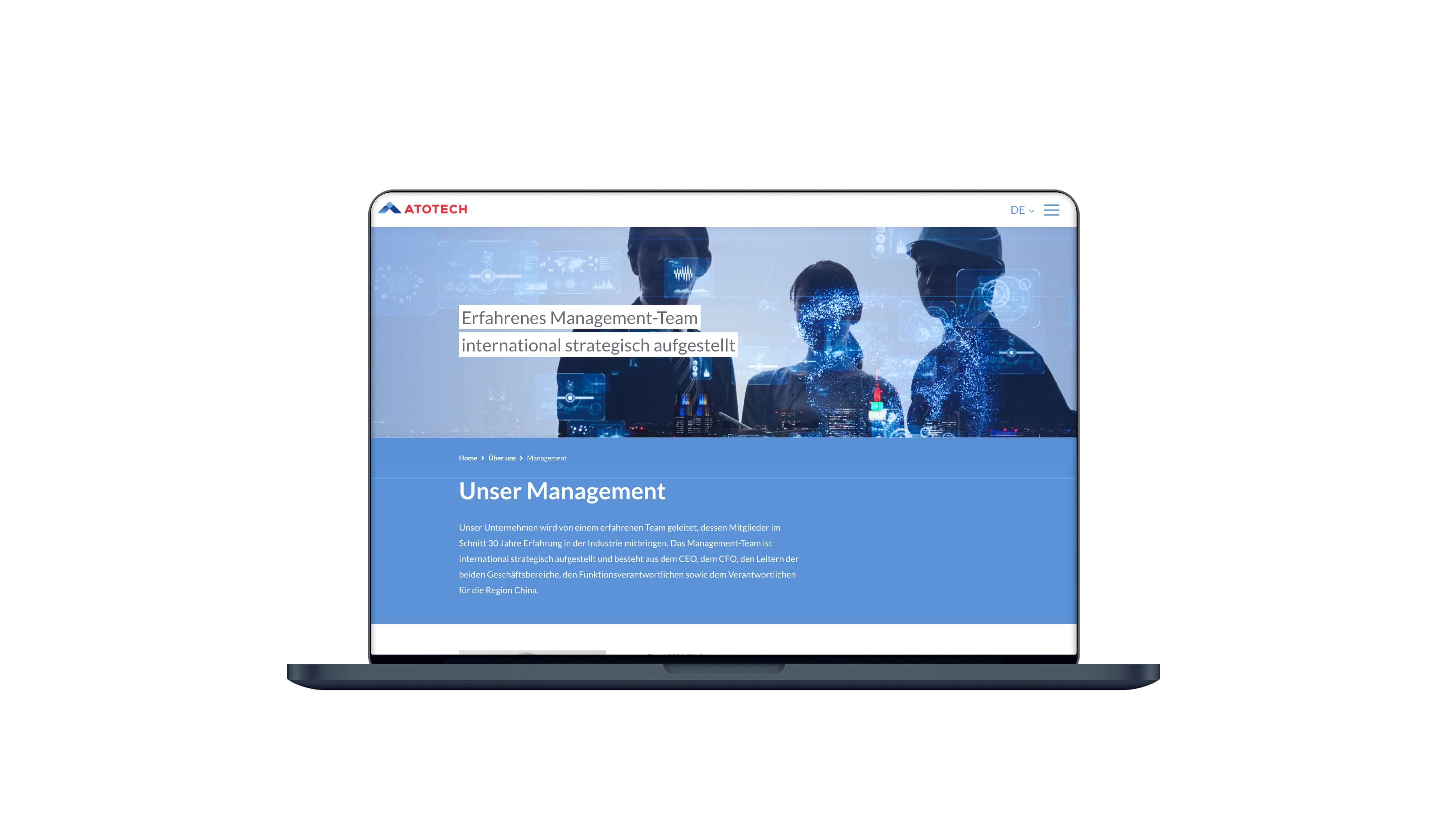 Screenshot der Website über das Management von Atotech auf einem Laptop