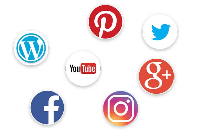 Abgebildet sind die Logos verschiedener Social-Media-Kanäle (Pinterest, Google, Instagram, Facebook, Twitter, Youtube)