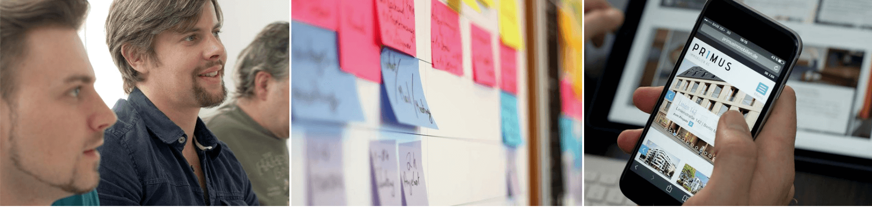 Imagebild der Digitalagentur, abgebildet sind: Personen zu nach vorne schauen, ein Whiteboard mit Post-its, Endgeräte auf deinen eine TYPO3 Website aufgerufen ist