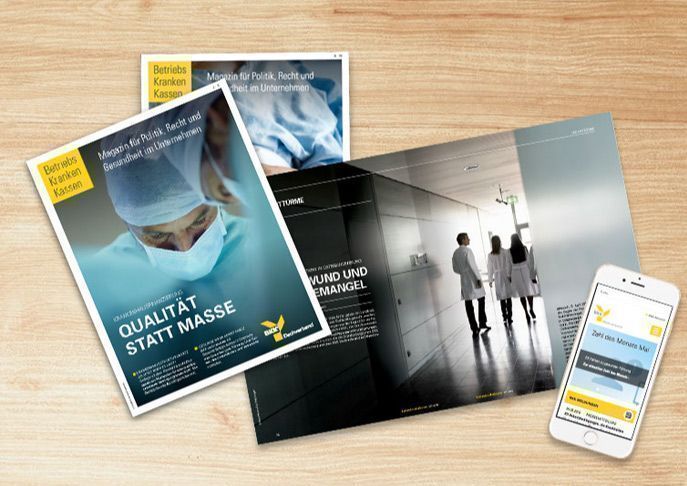Abgebildet sind Designs in verschiedenen Medien (als Magazin, als TYPO3 Websites auf einem Smartphone