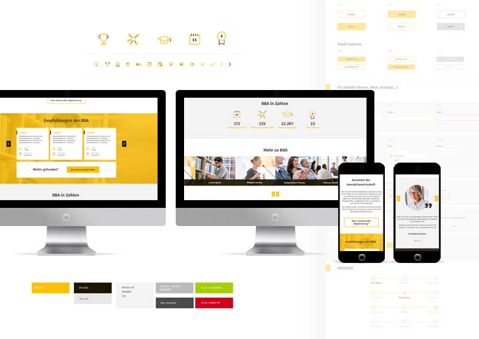Abgebildet sind TYPO3 Websites und andere Corporate Design Element auf verschiedenen Endgeräten (Desktop, Smartphone)