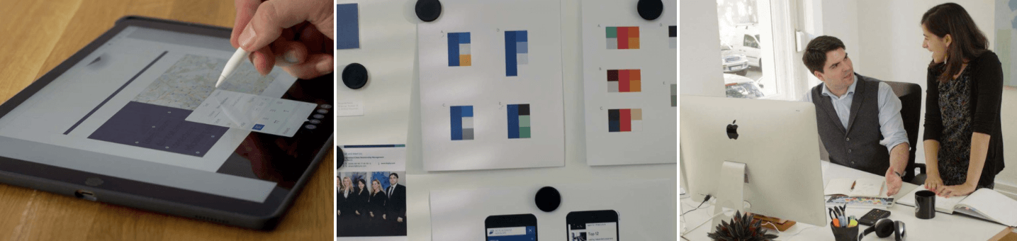 Abgebildet sind Imagebilder einer Digitalagentur (Tablet auf dem gezeichnet wird, Moodboards, Designer im Gespräch