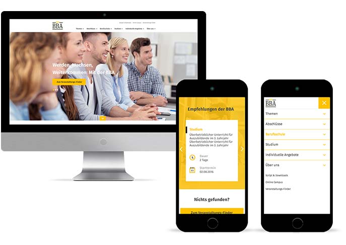 Abgebildet sind TYPO3 Websites auf verschiedenen Endgeräten (Desktop, Smartphone)