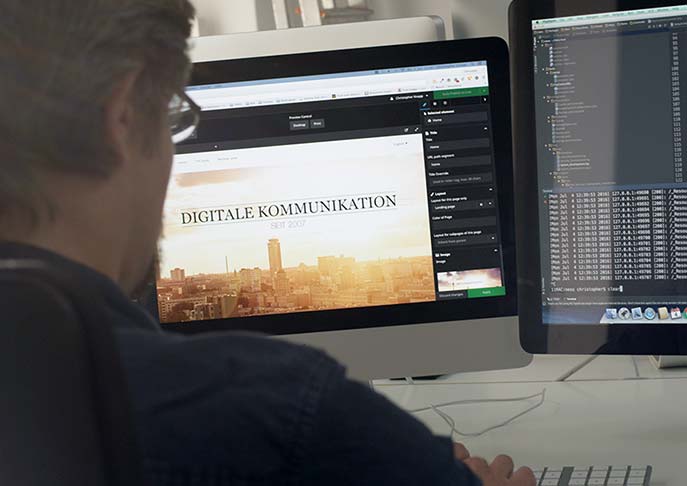 Eine Person von hinten, die am Computer an der Website-Entwicklung arbeitet.